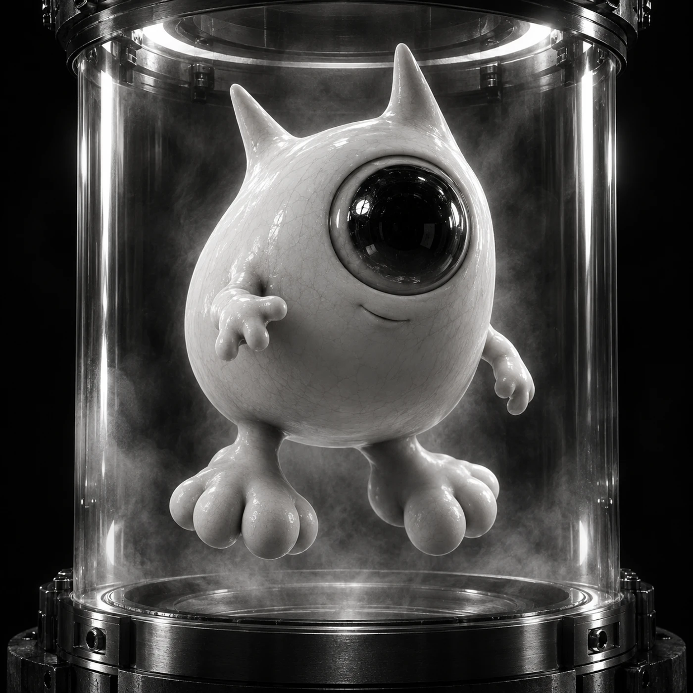 A curious one-eyed porcelain creature floating inside a steel and glass incubation chamber